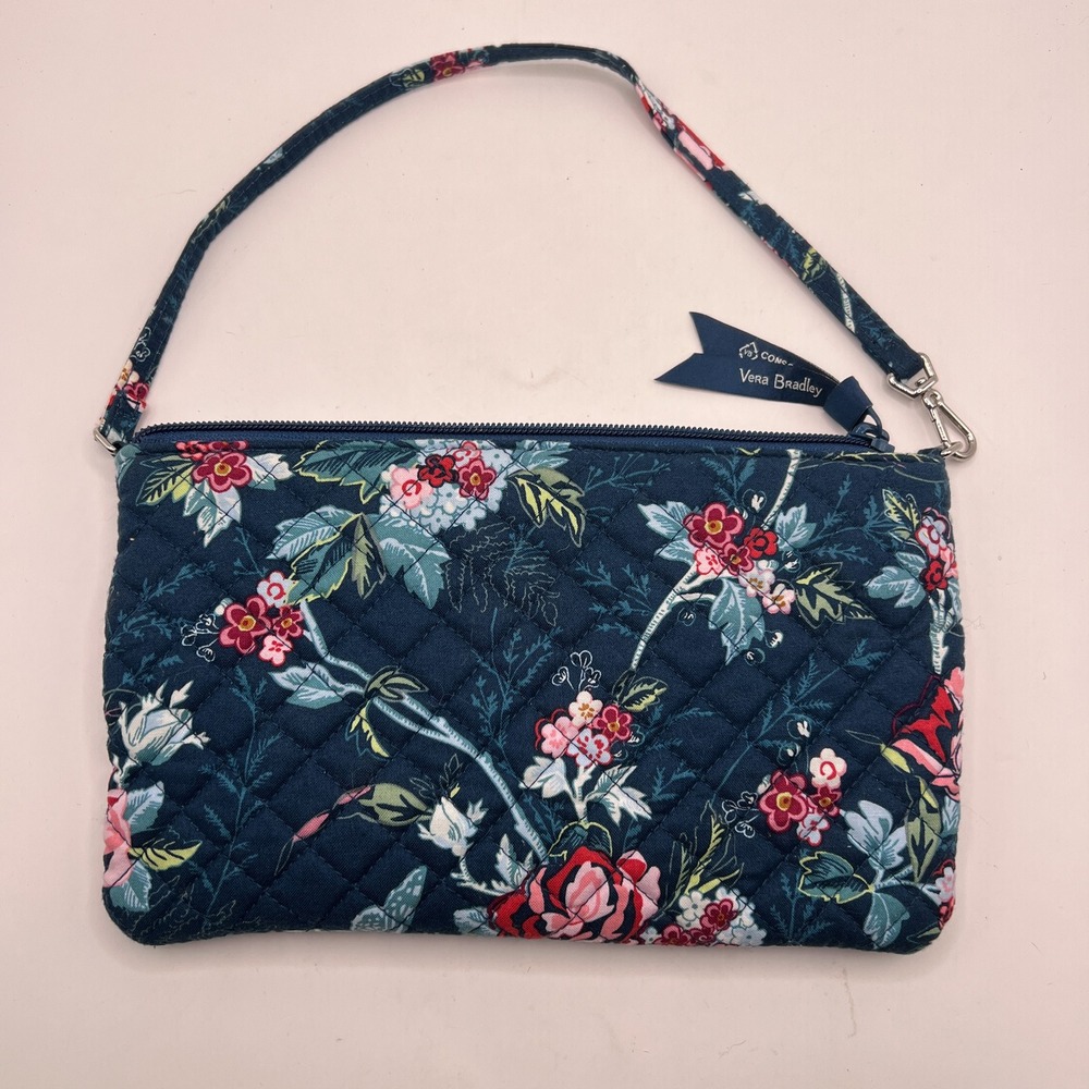 Vera Bradley Hope Blooms Quilted Cotton Wristlet Pouch Navy Floral Bag